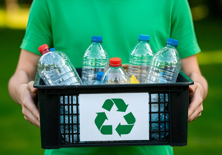 person holding recycling bin full plastic bottles